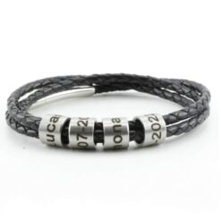 Men's Leather Bracelet with Name Rings